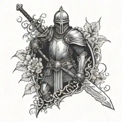 knight in armor covered in vines & earth plants, holding a flaming sword. tattoo design idea