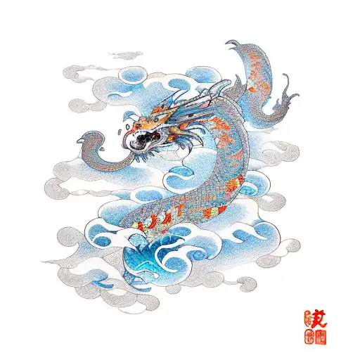  mythical creatures such as dragons, phoenixes, and koi fish, as well as cherry blossoms, waves, and clouds. tattoo design idea