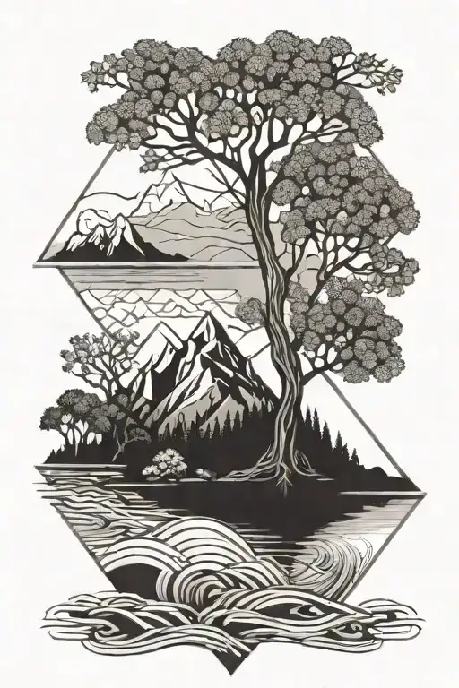 tree, lake, mountain, sea waves tattoo design idea