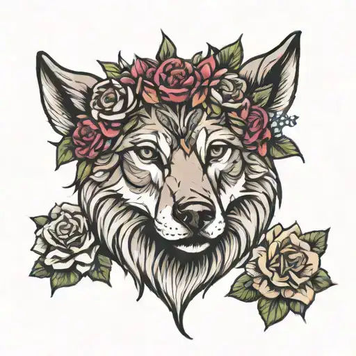 face wolf flowers crown moon tattoo design idea