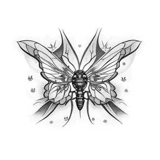 A seductive female skeleton with moth wings, surrounded by falling cocaine flakes tattoo design idea