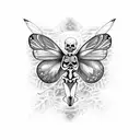 A seductive female skeleton with moth wings, surrounded by falling cocaine flakes tattoo design idea