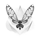 A seductive female skeleton with moth wings, surrounded by falling cocaine flakes tattoo design idea