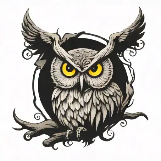 Lilith symbol on top and this words type owl perched : "District17 tattoo design idea