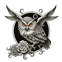 Lilith symbol on top and this words type owl perched : "District17 tattoo design idea