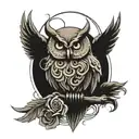 Lilith symbol on top and this words type owl perched : "District17 tattoo design idea