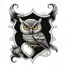 Lilith symbol on top and this words type owl perched : "District17 tattoo design idea