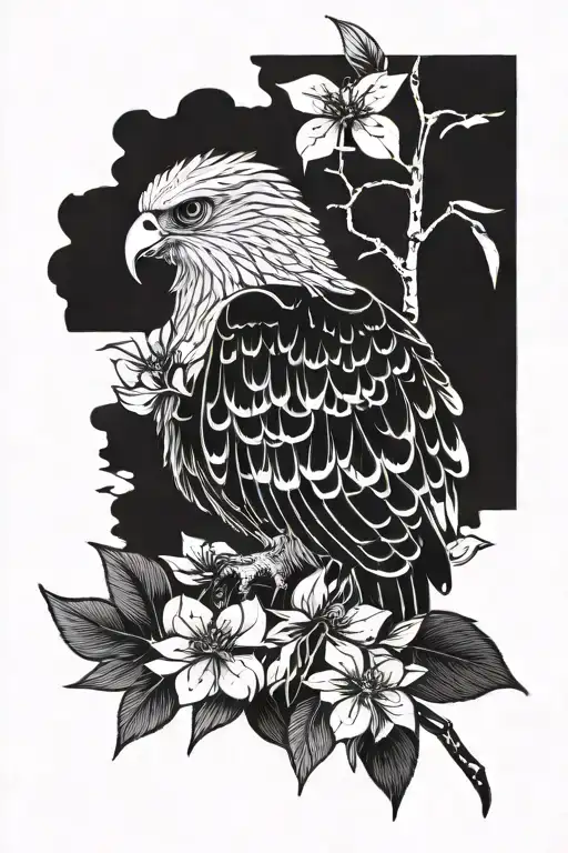 Harpy eagle, peregrine falcon, sakura tree, sakura flowers, monstera leaf, small trees tattoo design idea