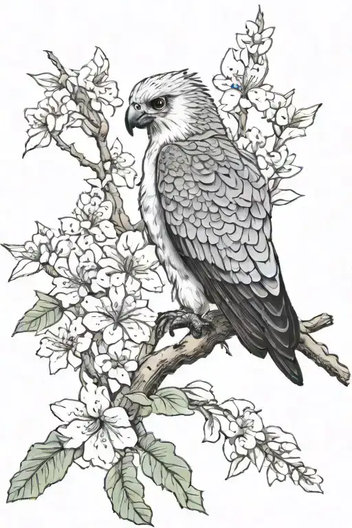 Harpy eagle, peregrine falcon, sakura tree, sakura flowers, monstera leaf, small trees tattoo design idea