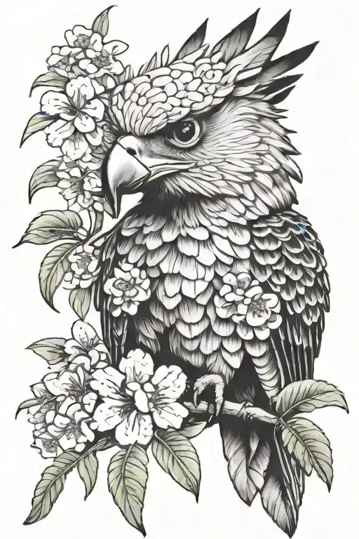 Harpy eagle, sakura tree, sakura flowers, monstera leaf tattoo design idea