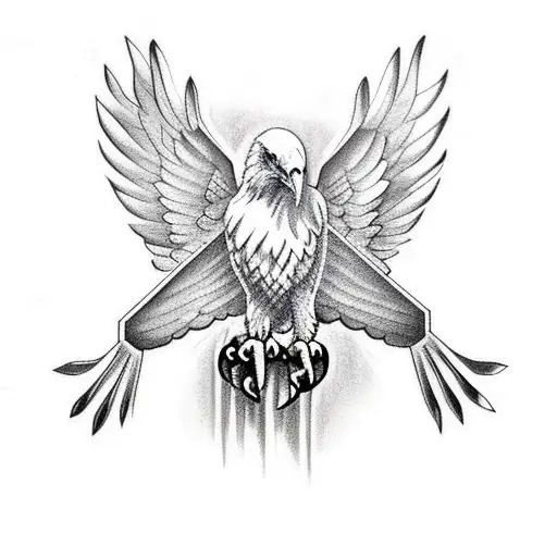 Bald eagle with its wings out holding a cross with its claws tattoo design idea