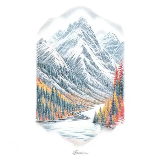 mountain scene river deer autumn leaf tattoo design idea
