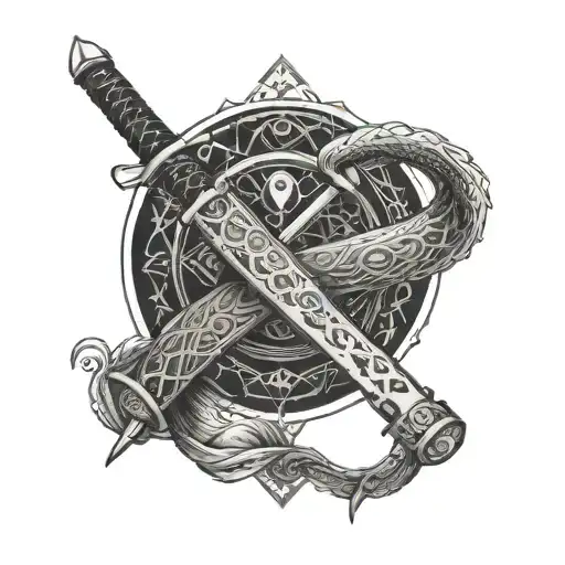 An intricate geometric design incorporating the shape of a katana, representing strength and precision in your gym journey tattoo design idea