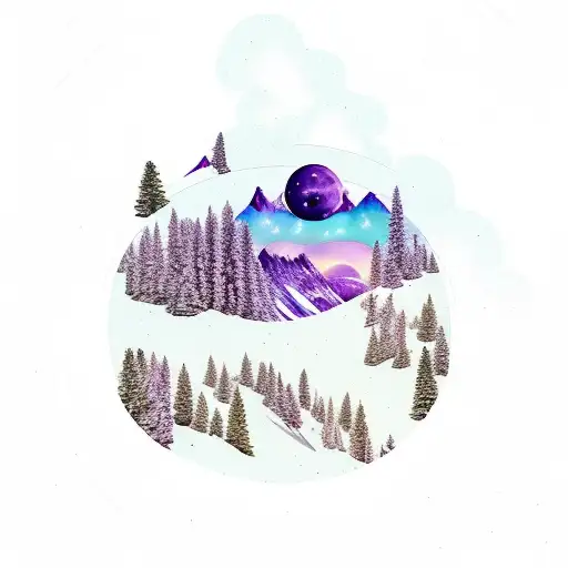 mountain scene with pine trees and a purple sky with planets and stars tattoo design idea
