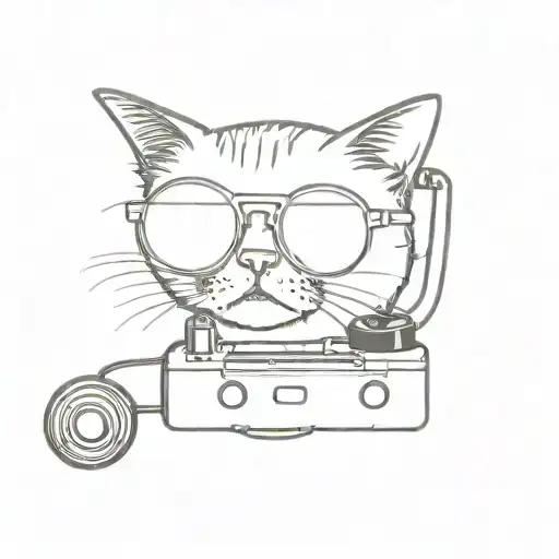 A minimalist tattoo design of a cat wearing sunglasses and listening to Post Malone music on a tiny record player tattoo design idea