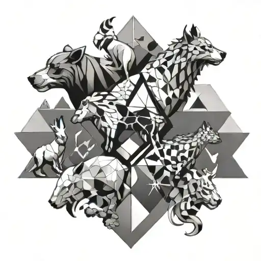 A geometric design featuring various animals you've encountered in your veterinary studies, with gaming symbols subtly integrated, symbolizing your diverse interests and occupations tattoo design idea