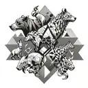 A geometric design featuring various animals you've encountered in your veterinary studies, with gaming symbols subtly integrated, symbolizing your diverse interests and occupations tattoo design idea