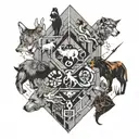 A geometric design featuring various animals you've encountered in your veterinary studies, with gaming symbols subtly integrated, symbolizing your diverse interests and occupations tattoo design idea