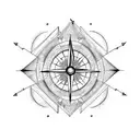 Create a fineline, geometric style tattoo that includes a compass and clock split by an arrow tattoo design idea