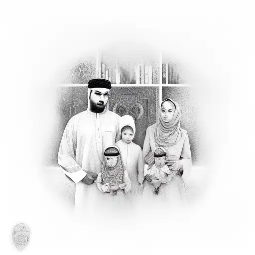 A realistic portrait of the client's family members with Islamic calligraphy tattoo design idea