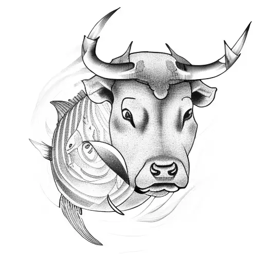 bull, rose, fire, and fish tattoo design idea