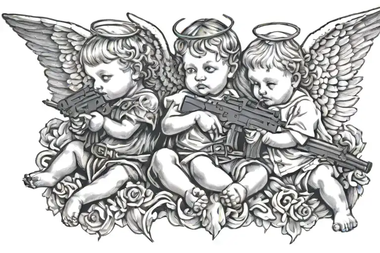 3 angel baby's with guns wearing shiesty tattoo design idea