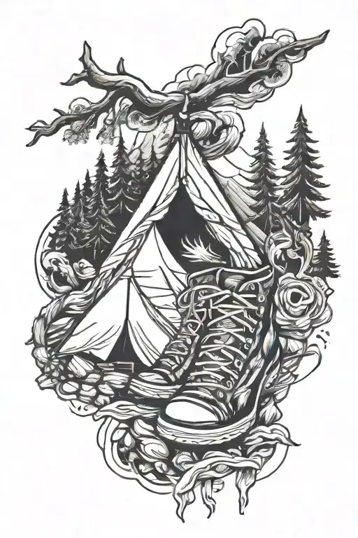 a double helix strand including a tent, a campfire and hiking boots tattoo design idea