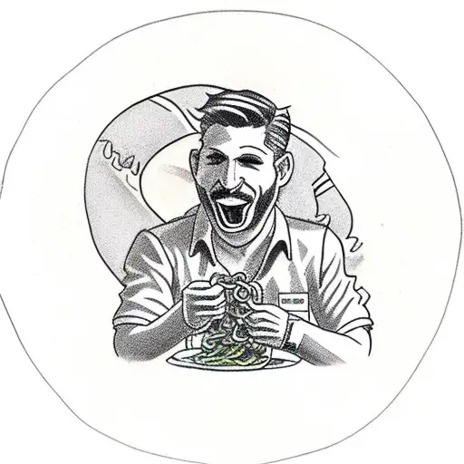 a racing driver eating pasta next to his go-kart tattoo design idea