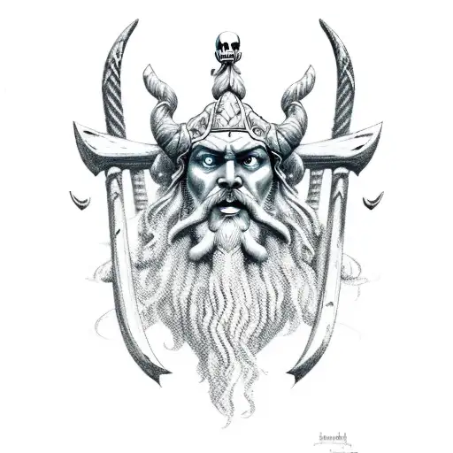 Big Poseidon face with his trident symbol as well as a big pirate ship under the face tha tattoo design idea