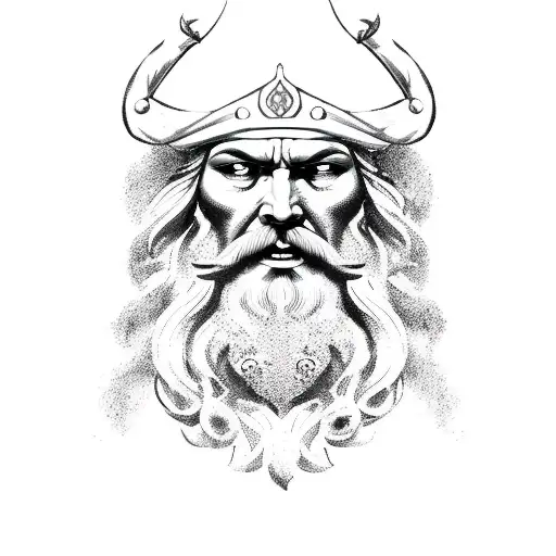 Big Poseidon face with a pirate ship tattoo design idea