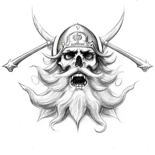 Make me a tattoo sketch with a big Poseidon face with his trident symbol as well as a big pirate ship under the face tha tattoo design idea