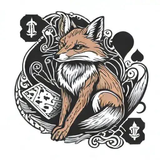 Small minimal fox sitting on a square background, accented by calligraphy brush strokes, with 4 large Aces playing cards tattoo design idea