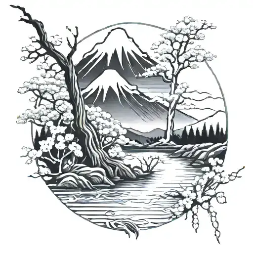 Tattoo with a fuji mountain; doe drinking in river from de fuji; tree sakura in front tattoo design idea