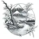 Tattoo with a fuji mountain; doe drinking in river from de fuji; tree sakura in front tattoo design idea
