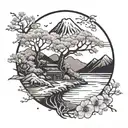 Tattoo with a fuji mountain; doe drinking in river from de fuji; tree sakura in front tattoo design idea