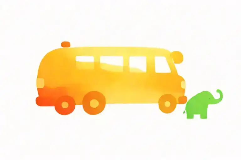 cartoon bus with kid holding an avocado, a rainbow behind the bus, and a pot of gold, and a cartoon elephant in the bus tattoo design idea