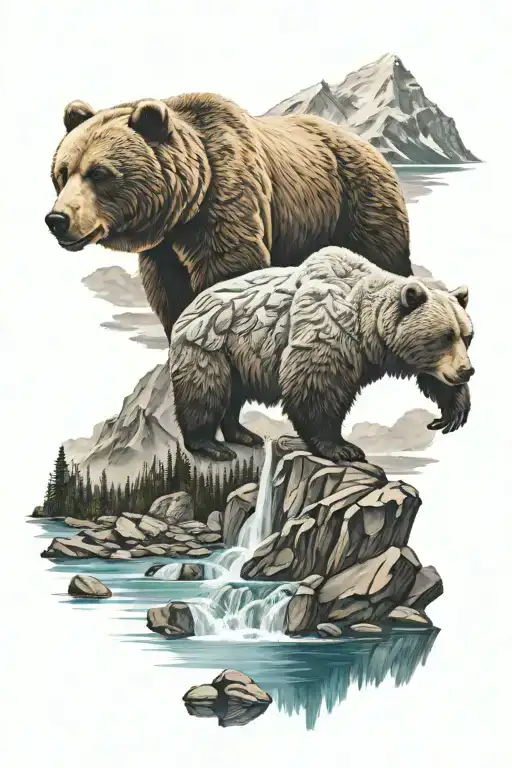 Canadian rocky landscapes lake and glacier a man and a bear tattoo design idea