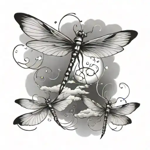 Dragon flies with clouds and writing   tattoo design idea