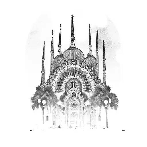 a sketch including iconic locations of barcelona city , istanbul , tehran and kuwait and cyprus tattoo design idea