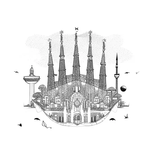 a sketch including iconic locations of barcelona city , istanbul , tehran and kuwait . dont mix the places together tattoo design idea