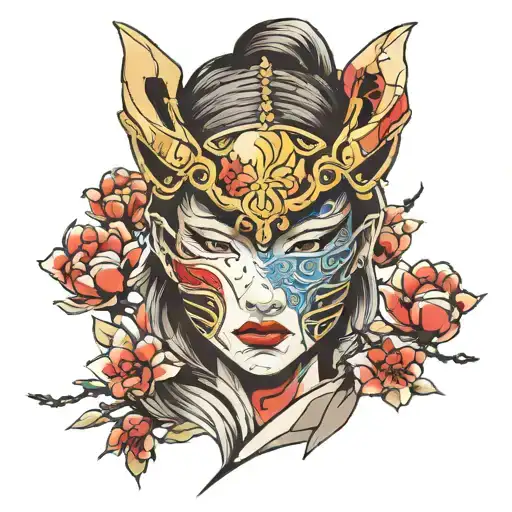 broken samurai warrior mask with the face of a beautiful Asian girl behind tattoo design idea