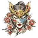broken samurai warrior mask with the face of a beautiful Asian girl behind tattoo design idea