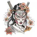 broken samurai warrior mask with the face of a beautiful Asian girl behind tattoo design idea