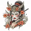 broken samurai warrior mask with the face of a beautiful Asian girl behind tattoo design idea
