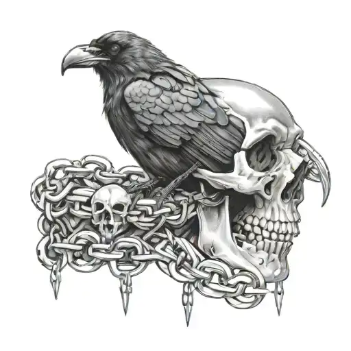 A realistic black and grey portrait of a crow perched on a skull with chains wrapped around it tattoo design idea