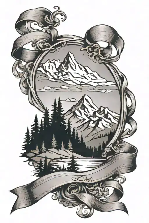 Incorporate a mountain range silhouette with a subtle ribbon design symbolizing multiple sclerosis awareness, using a black-grey color scheme to create a striking and meaningful tattoo tattoo design idea