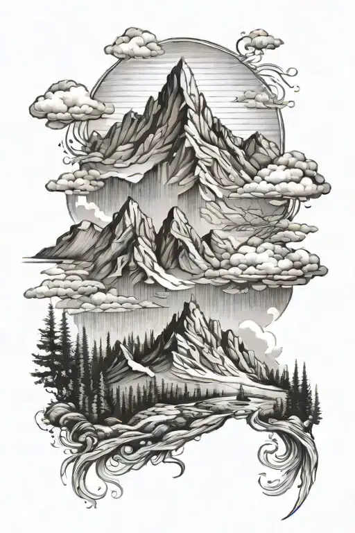 Create a mountain landscape tattoo with hidden elements representing the challenges and victories of living with multiple sclerosis, using a black-grey color palette for depth and contrast tattoo design idea