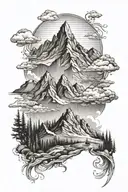 Create a mountain landscape tattoo with hidden elements representing the challenges and victories of living with multiple sclerosis, using a black-grey color palette for depth and contrast tattoo design idea