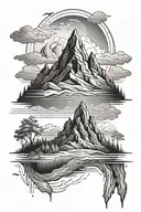Create a mountain landscape tattoo with hidden elements representing the challenges and victories of living with multiple sclerosis, using a black-grey color palette for depth and contrast tattoo design idea