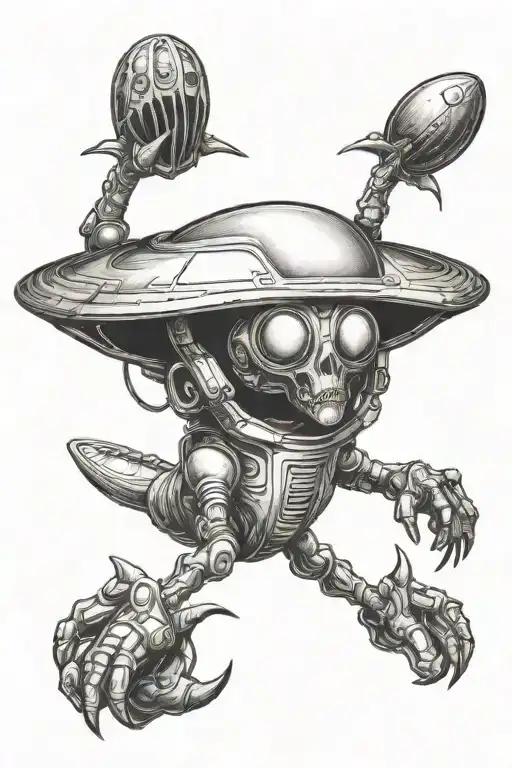 alien flying off in ufo tattoo design idea